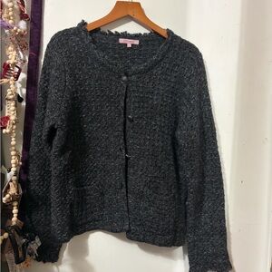 Wool-Blend Black Textured Button Cardigan Sweater